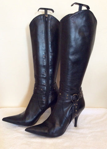 Russo Black Leather Studded Trim Heeled Boots Size 5/38 - Whispers Dress Agency - Sold - 2