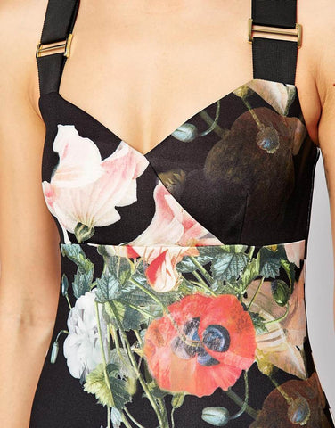 Brand New Ted Baker Black Bloom Print Midi Bodycon Dress Size 3 UK 12 - Whispers Dress Agency - Sold - 2