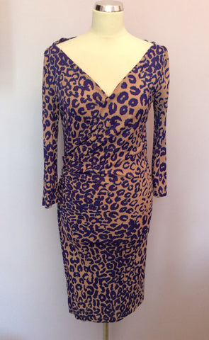 LK Bennett Nude, Purple & Turquoise Leopard Print Wrap Dress Size 8 - Whispers Dress Agency - Sold - 1