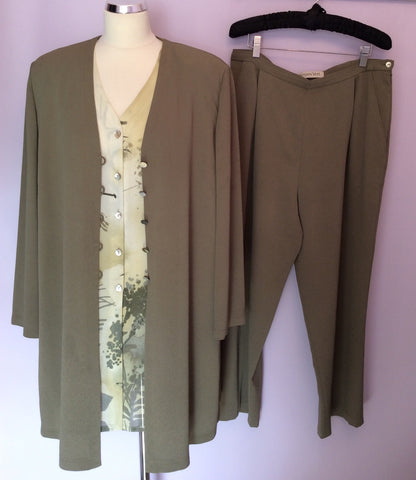 Jacques Vert Olive Green Long Jacket, Blouse & Trouser Suit Size 16 - Whispers Dress Agency - Sold - 1