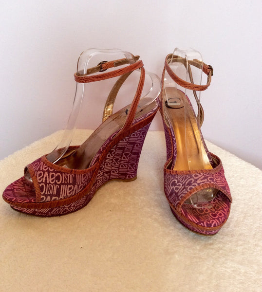 Just Cavalli Pink & Purple Logo Print & Tan Leather Wedge Sandals Size 7/40 - Whispers Dress Agency - Sold - 1