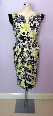 PER UNA BLACK,YELLOW & WHITE FLORAL PRINT PELUM TRIM PENCIL DRESS SIZE 14 - Whispers Dress Agency - Womens Dresses - 1