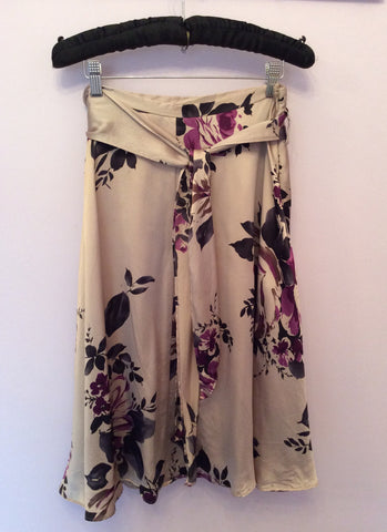 Hobbs Oyster Beige & Purple Floral Print Silk Skirt Size 12 - Whispers Dress Agency - Womens Skirts - 1