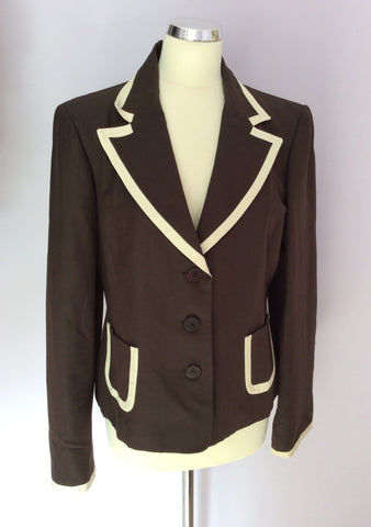 Coast Dark Brown & Ivory Trim Wool & Silk Jacket Size 16 - Whispers Dress Agency - Womens Coats & Jackets - 1
