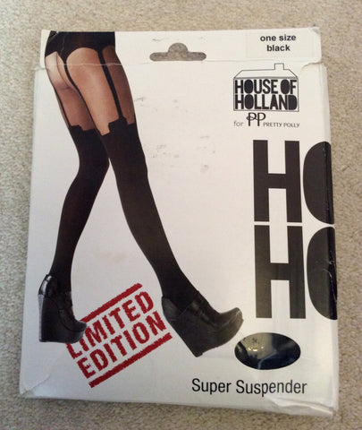 Brand New House Of Holland Black Super Suspender Tights One Size - Whispers Dress Agency - Sold - 1