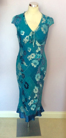 MONSOON TURQOUISE BLUE FLORAL PRINT SILK BLEND DRESS SIZE 10 - Whispers Dress Agency - Womens Dresses - 1