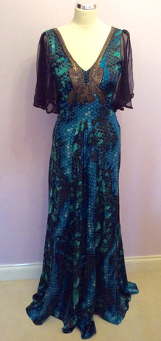 Brand new Biba blue & green silk beaded trim long dress size 8 - Whispers Dress Agency - Sold - 1