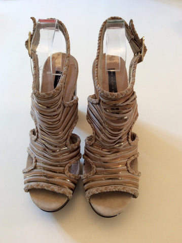 BRAND NEW FRENCH CONNECTION BEIGE & GOLD SUEDE PLATFORM SOLE HIGH HEEL SANDALS SIZE 5/38 - Whispers Dress Agency - Sold - 1
