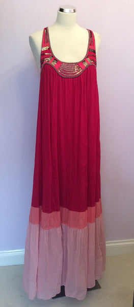 Monsoon Pink Bead & Sequin Trim Cotton Maxi Dress Size 14 - Whispers Dress Agency - Womens Dresses - 1