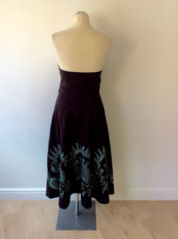 Monsoon Brown & Duck Egg Embroidered Strapless Dress Size 12