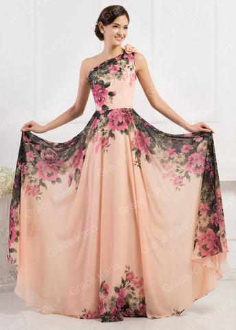Brand New Grace Karin Peach Floral One Shoulder Chiffon Ballgown Size 16 Fit 14 - Whispers Dress Agency - Womens Eveningwear - 3
