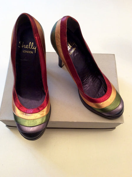 SHELLYS LONDON MULTI COLOURED STRIPE LEATHER HEELS SIZE 5/38 - Whispers Dress Agency - Sold - 1