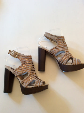 BRAND NEW FRENCH CONNECTION BEIGE & GOLD SUEDE PLATFORM SOLE HIGH HEEL SANDALS SIZE 5/38 - Whispers Dress Agency - Sold - 3