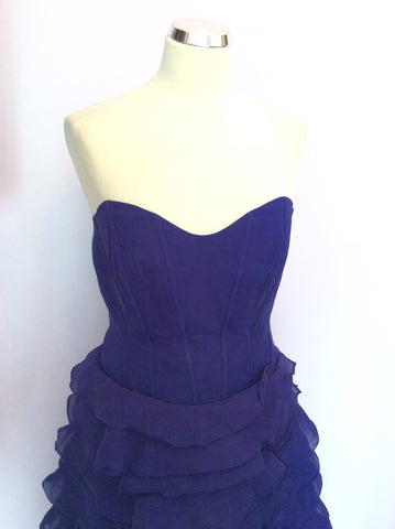 Karen Millen Purpley Blue Silk Ruffle Skirt Strapless Dress Size 16 - Whispers Dress Agency - Womens Dresses - 2
