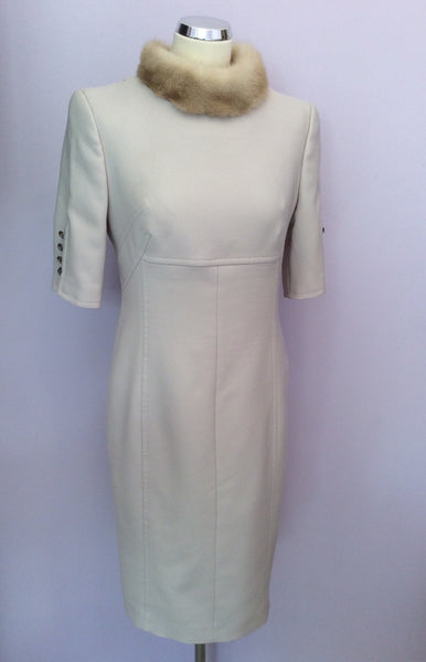 Escada Beige Wool Pencil Dress With Mink Fur Collar Size 38, UK 10 - Whispers Dress Agency - Sold - 1