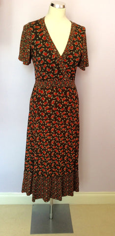 Laura Ashley Dark Brown & Red Floral Print Stretch Jersey Dress Size 8 - Whispers Dress Agency - Womens Dresses - 1