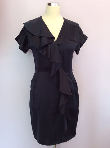 WHISTLES DARK BLUE SILK FRILL TRIM DRESS SIZE 8 - Whispers Dress Agency - Womens Dresses - 1