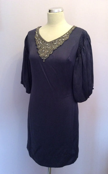 Pink Soda Blue Silk Beaded & Diamanté Neckline Dress Size 10 - Whispers Dress Agency - Womens Dresses - 1