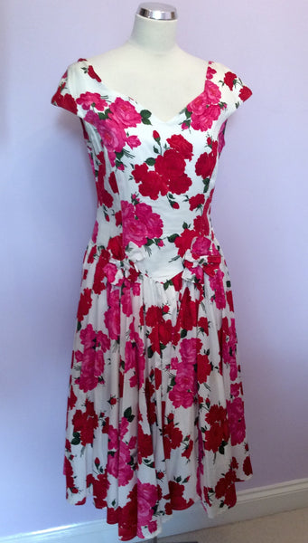 Vintage Jaeger Red & Pink Floral Print Cotton Dress Size 12 - Whispers Dress Agency - Sold - 1