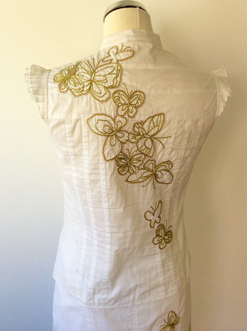 KAREN MILLEN WHITE COTTON & GOLD EMBROIDERED BUTTERFLY TOP & SKIRT SIZE 10 - Whispers Dress Agency - Womens Dresses - 4