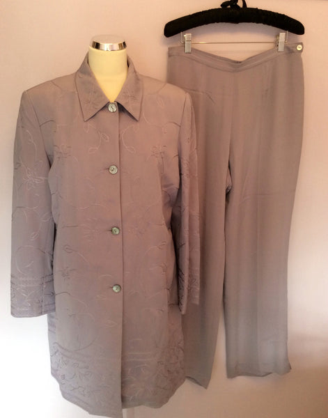 Viyella Lilac Silk Long Embroidered Jacket, Top & Trousers Suit Size 14/16 - Whispers Dress Agency - Sold - 1