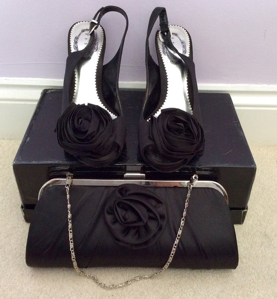 Debut Black Satin Peeptoe Slingback Heels Size 4/37 & Matching Clutch Bag - Whispers Dress Agency - Womens Heels - 1