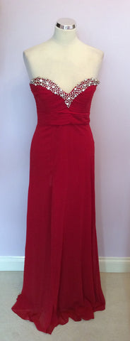 Lipsy Vip Red Diamanté Trim Strapless Long Evening Dress Size 10 - Whispers Dress Agency - Womens Dresses - 1