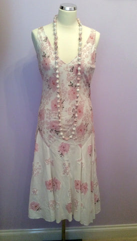Per Una Pink & White Floral Print Cotton Dress & Necklace Size 10 Reg - Whispers Dress Agency - Womens Dresses - 1