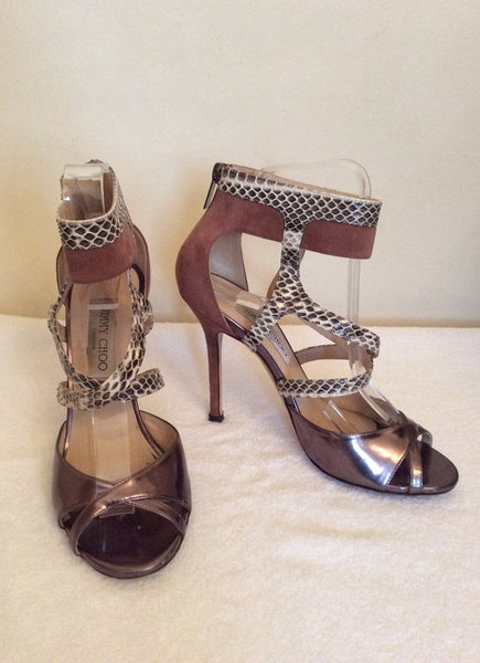 Jimmy Choo Bronze,Snakeskin & Dusky Pink Leather & Suede Sandals Size 4.5/37.5 - Whispers Dress Agency - Sold - 1