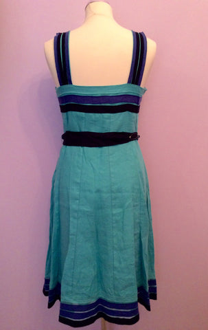 BRAND NEW PER UNA GREEN WITH BLUE & BLACK TRIM LINEN DRESS SIZE 14 - Whispers Dress Agency - Womens Dresses - 2