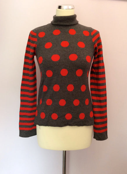 Whistles Grey & Red Spot & Stripe Wool Polo Neck Jumper Size 2 UK 10/12 - Whispers Dress Agency - Womens Knitwear - 1