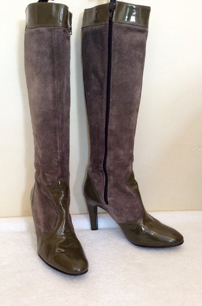 Vintage Bally Dark Green Leather & Grey Suede Knee High Boots Size Uk 3 /35.5 - Whispers Dress Agency - Sold - 1