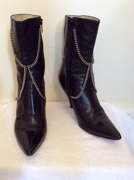 Hugo Boss Black Leather Silver Chain Trim Ankle Boots Size 5/38 - Whispers Dress Agency - Sold - 1