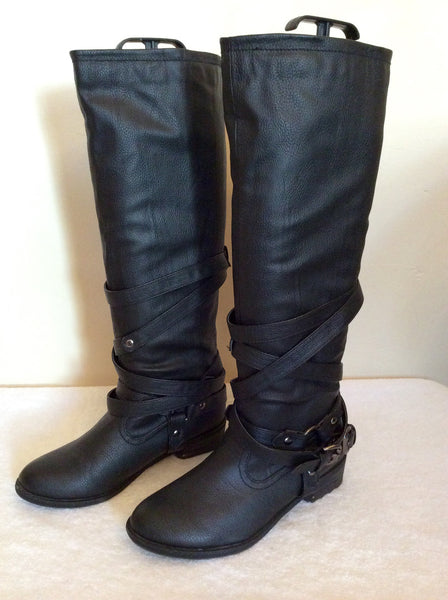 Dune Black Knee High Buckle Trim Boots Size 5/38 - Whispers Dress Agency - Sold - 1