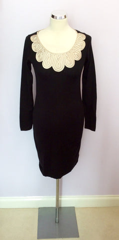 Monsoon Black Fine Knit & Pale Gold Applique Trim Dress Size S - Whispers Dress Agency - Womens Dresses - 1