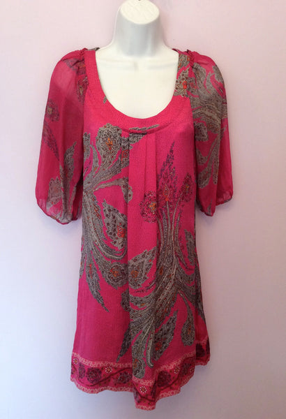 Monsoon Hot Pink & Grey Print Silk Shift Dress Size 8 - Whispers Dress Agency - Womens Dresses - 1