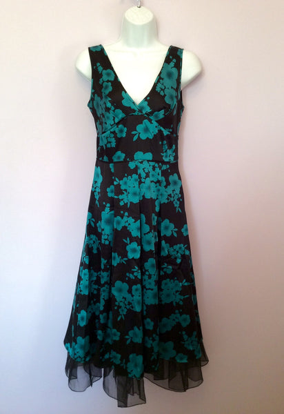 Hobbs Black & Emerald Green Floral Print Silk Dress Size 8 - Whispers Dress Agency - Womens Special Occasion - 1
