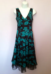 Hobbs Black & Emerald Green Floral Print Silk Dress Size 8 - Whispers Dress Agency - Womens Special Occasion - 1