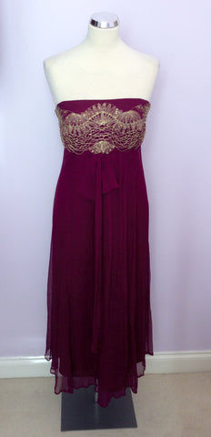 MONSOON MAGENTA WITH GOLD TRIM SILK DRESS SIZE 16 - Whispers Dress Agency - Womens Dresses - 1