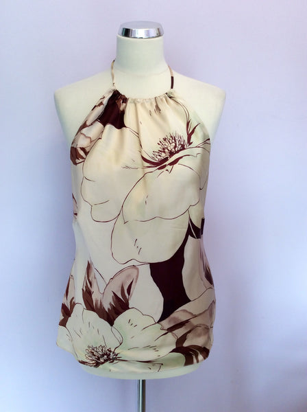 Coast Cream & Brown Floral Print Silk Halterneck Top Size 14 - Whispers Dress Agency - Sold - 1
