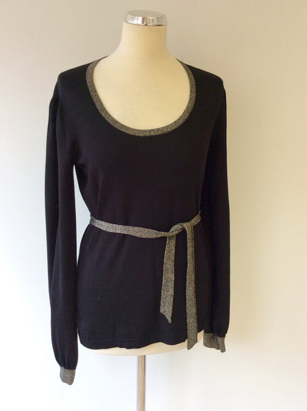 JAEGER BLACK & SILVER SPARKLE TIE BELT JUMPER SIZE M - Whispers Dress Agency - Womens Knitwear - 1