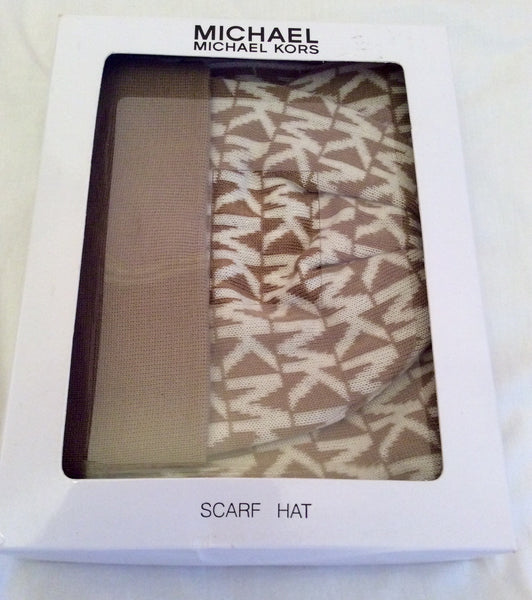 Brand New Michael Kors Beige Logo Print Hat & Scarf Set - Whispers Dress Agency - Sold