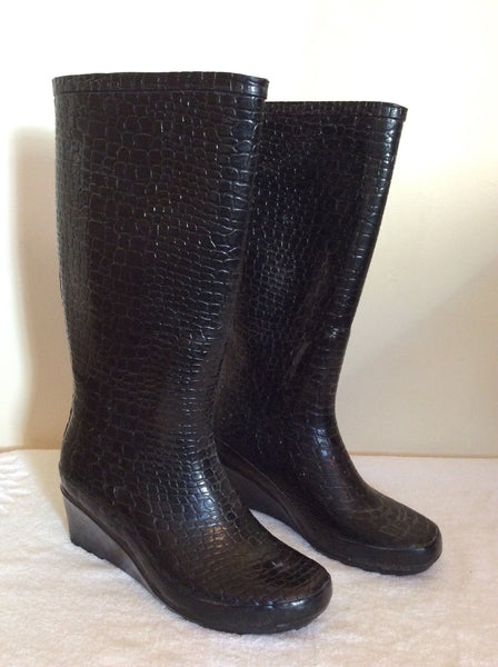 Black Crocodile Print Wedge Heel Wellington Boots Size 6/39 - Whispers Dress Agency - Sold - 1