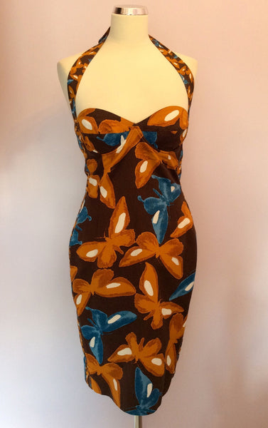 Maska Brown & Blue Butterfly Print Halterneck Pencil Dress Size 8/10 - Whispers Dress Agency - Womens Dresses - 1