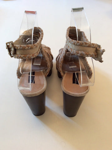 BRAND NEW FRENCH CONNECTION BEIGE & GOLD SUEDE PLATFORM SOLE HIGH HEEL SANDALS SIZE 5/38 - Whispers Dress Agency - Sold - 4