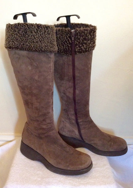 Jigsaw Light Brown Suede Knee High Faux Fur Trim Boots Size 6/39 - Whispers Dress Agency - Womens Boots - 1