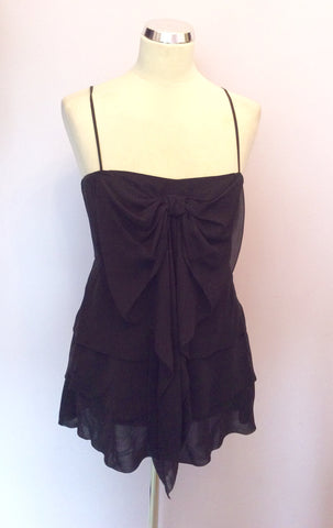 Karen Millen Black Silk Bow Trim Tiered Strappy Top Size 10 - Whispers Dress Agency - Womens Tops - 1