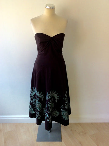 Monsoon Brown & Duck Egg Embroidered Strapless Dress Size 10