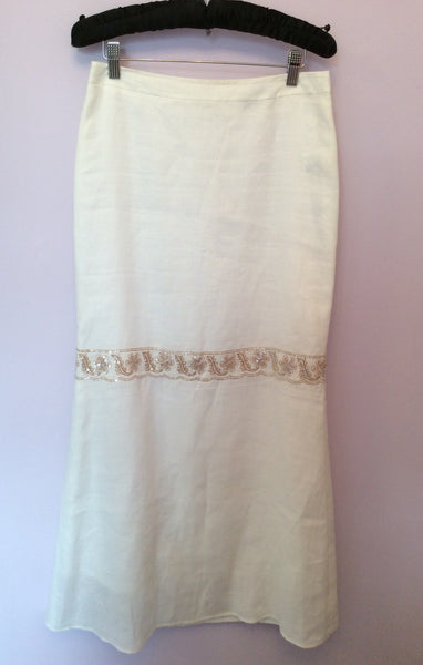 Brand New Birger Et Mikkelsen White Long Embroidered & Sequin Trim Skirt Size 36 UK 8 - Whispers Dress Agency - Womens Skirts - 1