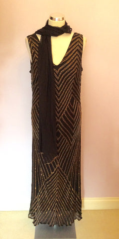 Jacques Vert Black Silk Bronze Beaded & Sequinned Evening Dress & Wrap Size 16 - Whispers Dress Agency - Womens Dresses - 1